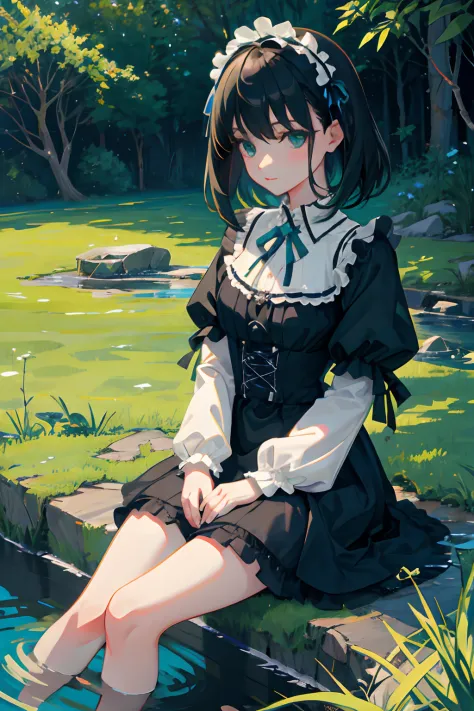 hand between legs，child，（​masterpiece，Highest Quality），shortsleeves，Blue-green Gothic Lolita，Pasture，A dark-haired，playing in the water，early evening