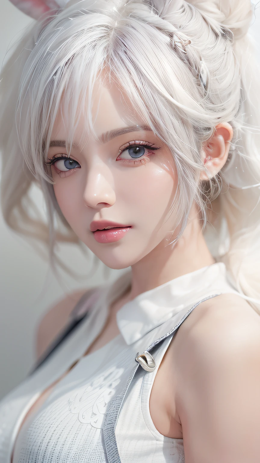 A close up of a woman with white hair and bunny ears - SeaArt AI