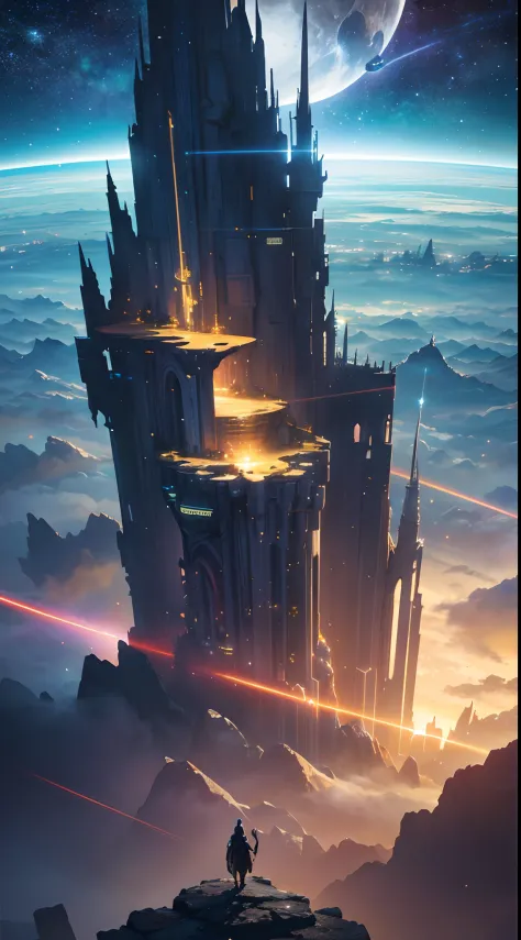 Vanishing point (from above), cinematic lighting, motion blur, flash, ray tracing, high quality, award-winning, best quality, high detail, 16k, 8k,Starry sky and distant fantasy cities and planets with towers, epic fantasy sci fi illustration, fantasy plan...