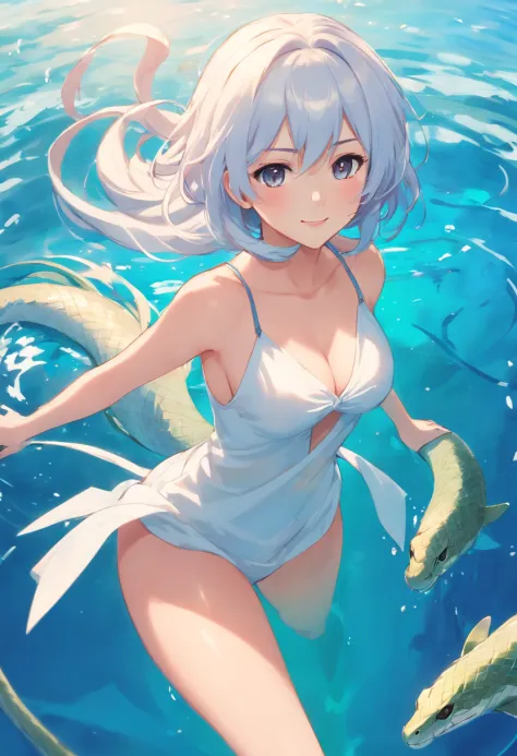 one-girl，Half man, half snake，snake tail，White tones，white  clothes，cleavage，Large breasts，White hair，ssmile，looks into camera，Half of his body is in the water