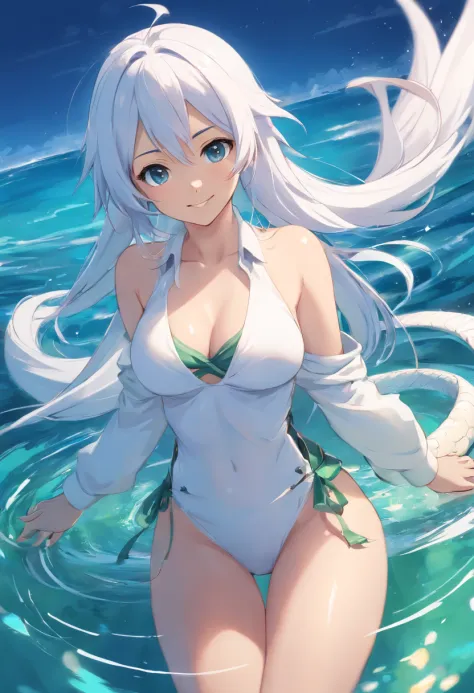 one-girl，Half man, half snake，snake tail，White tones，white  clothes，cleavage，Large breasts，White hair，ssmile，looks into camera，Half of his body is in the water