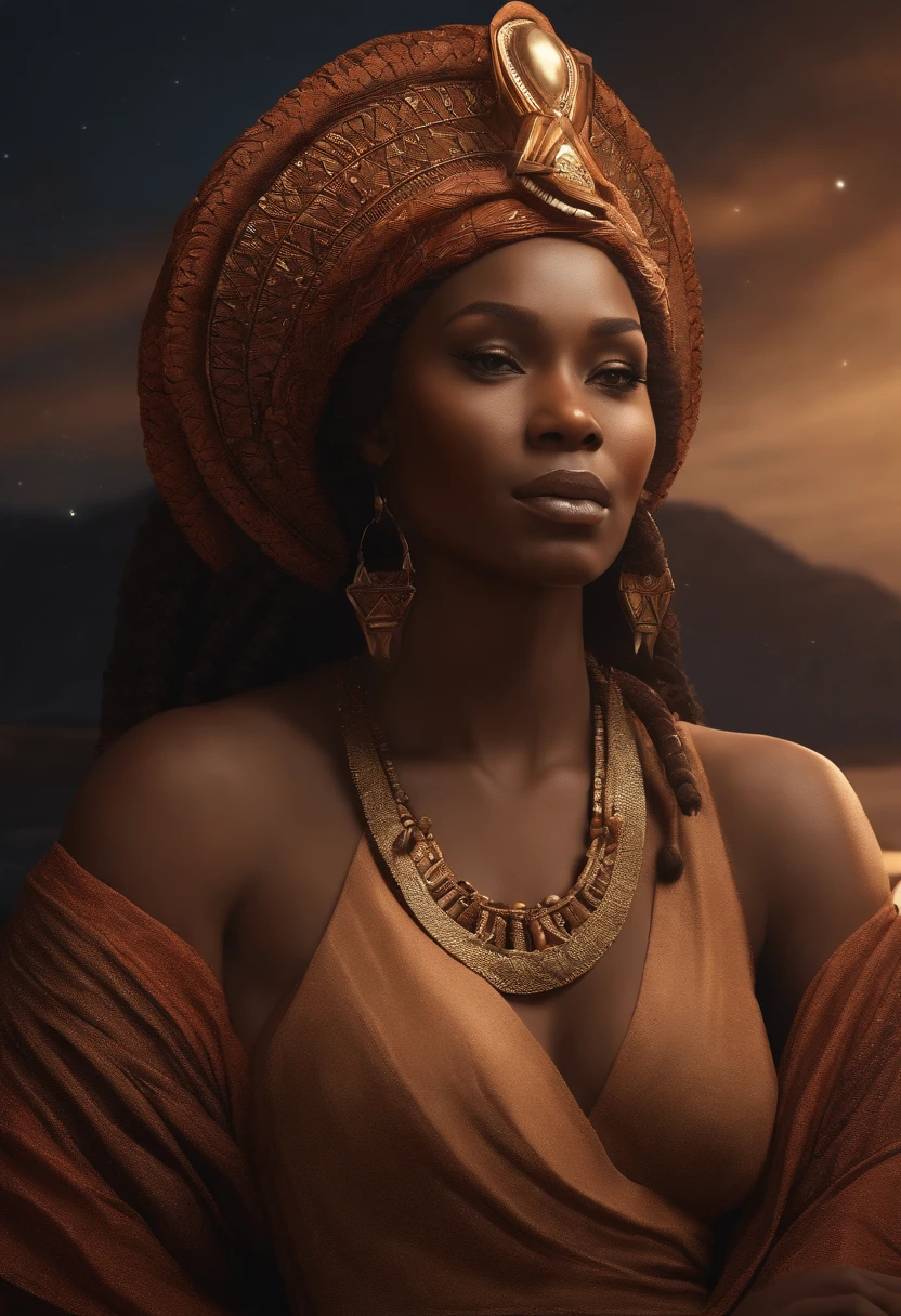 I am looking to generate a captivating 3D rendering (Professional: 1.3) that embodies the epitome of artistic realism (Realistic: 1.3). The subject is Sibola, an African warrior, King of Canyons, exuding strength and nobility.

Sibola, the King of Canyons, is envisioned standing tall, adorned in a regal ensemble blending beige and red hues. The attire should be intricate and detailed, showcasing the richness of African tribal garments (African Tribal Clothing: 1.4), meticulously utilizing varied fabrics. He has tightly coiled, Afro-textured hair.

The artistic approach leans towards impressionism and Afrofuturism, aiming for an 8K resolution (Realistic 8K Full Body Rendering: 1.3). The emphasis is on capturing fine skin pores, with dramatic lighting and heavy shading to accentuate every contour.

Sibola's visage should exude a maternal, cosmic deity-like aura, radiating a vibratory and realistic presence. This depiction should embody an amalgamation of Loïsh's ethereal touch (Loïsh: 0.23), Ilya Kuvshinov's artistry, Greg Rutkowski's complexity, and the decadence of Alphonse Mucha's work.

The lighting design incorporates global illumination, studiolight, and volumetric light, against a backdrop of a dark starry night (Dark Starry Night Background: 1.3). Additionally, elements like coastlines, floating particles, and a touch of fantasy will enhance the overall fantasy element.

The focus of the artwork is on intricate details (Complex: 1.4) and a decadent touch, maintaining a very high resolution (Very Detailed: 1.4). The execution will be akin to digital painting, utilizing octane rendering and art stations (Octane Render, Art Stations, Concept-Art: 1.3). The aesthetic should encapsulate smoothness and sharpness, akin to the essence of art's germination