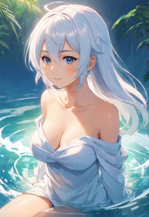 one-girl，White tones，white  clothes，Off-the-shoulder attire，cleavage，Large breasts，White hair，ssmile，looks into camera，Half of his body is in the water