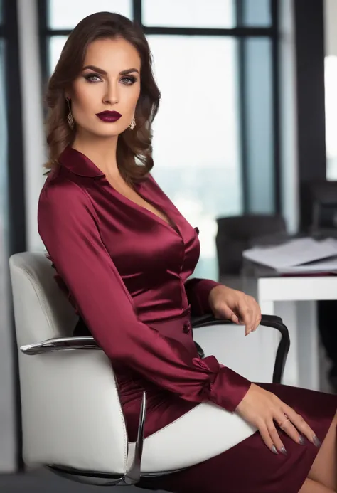 Young business woman. Busty cleavage. Sitting in office chair. Tight ...