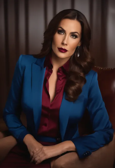 Business woman wearing blue business suit. Busty cleavage. 36DD ...