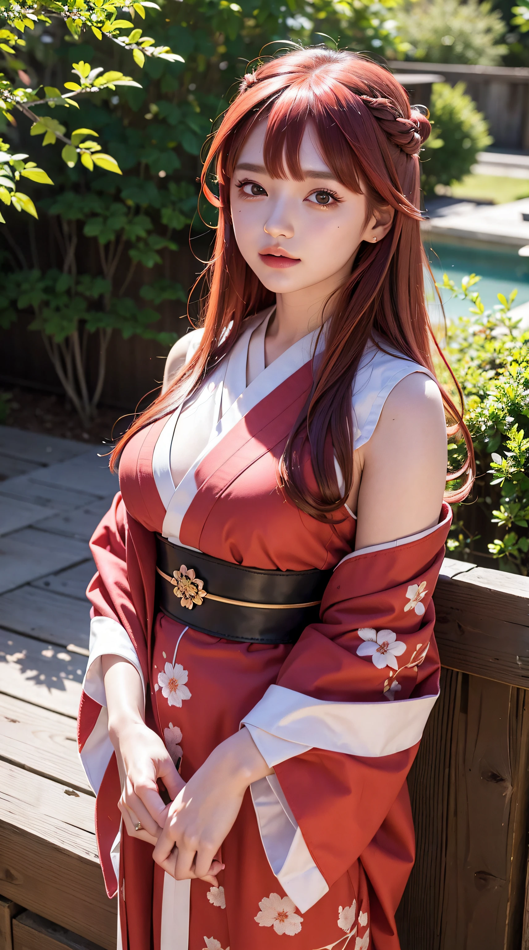 itsuki nakano, bangs, blue eyes, hair between eyes, ahoge, red hair, red hair, star \(symbol\), hair ornament, hair in a bun, beautiful, beautiful woman, perfect body, perfect breasts, wearing a kimono, wearing earrings, wearing a watch, being in the garden, cherry trees, traditional Japanese house, looking at the viewer, a slight smile, realism, masterpiece, textured leather, super detail, high detail, high quality, best quality, 1080p, 16k