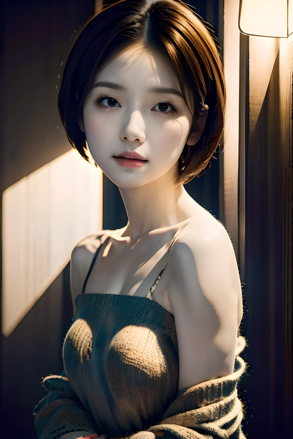 Best quality, masterpiece, ultra high res, (photorealistic:1.5), raw photo, 1girl, offshoulder, in the dark, deep shadow, low key, cold light, sexy look, short hair