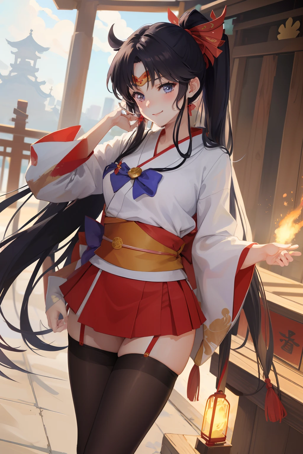 ​masterpiece, top-quality, absurderes, perfect anatomia, 1girl in, solo, Sailor Mars, Very long hair, partedbangs, poneyTail、((shrine maiden clothe))、((kimono))、((a miniskirt)) cowboy  shot, A smile、((pantyhose))、(high-heels)、(golden cage)