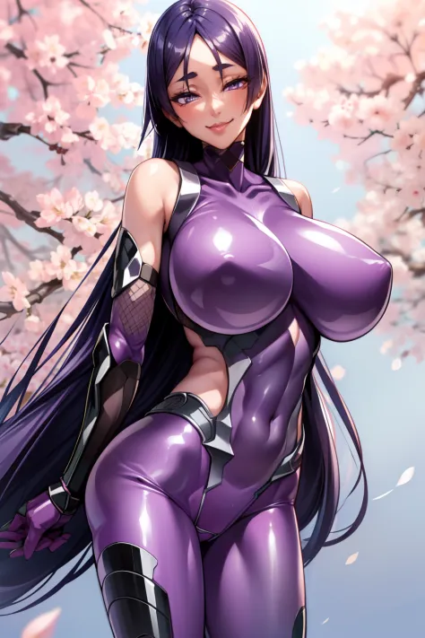 hmmr1, minamoto no raikou (fate), asagioutfit, bare shoulders, purple gloves, skin tight, shiny clothes, impossible bodysuit, purple bodysuit, sleeveless, fishnets, elbow gloves, shiny,arms behind head ,smile,standing,three ,cherry blossoms,cowboy shot