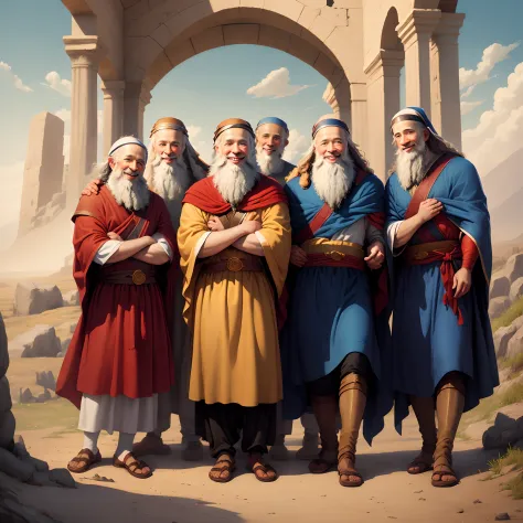 Abraham, Isaac, Jacob, Moses, Aaron, Joseph, David from the Bible smiling at the camera