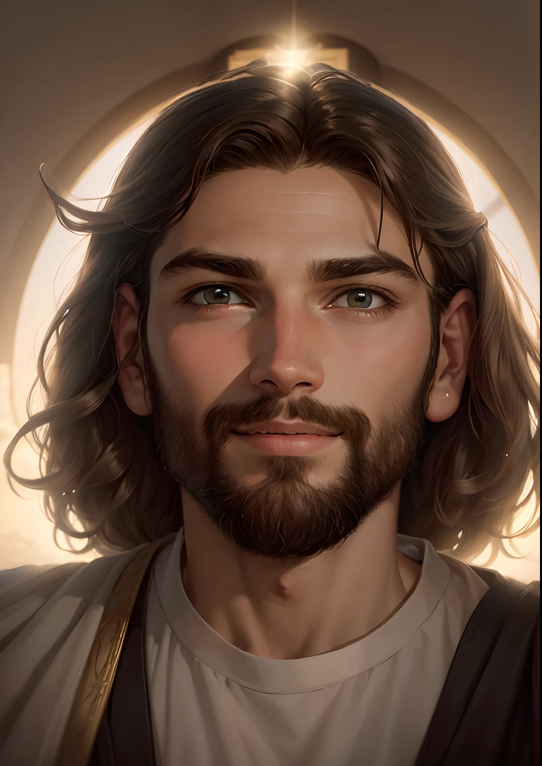 Uma pintura de Jesus com uma auréola no céu, Jesus Cristo, sorrindo no céu, Portrait of Jesus Cristo, rosto de jesus, Jovem Deus Todo-Poderoso, retrato de um deus celestial, Greg Olsen, Jesus Gigachad, Jesus de Nazaré, Jesus, a face de deus, Deus olhando para mim