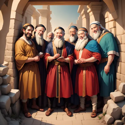 Abraham, Isaac, Jacob, Moses, Aaron, Joseph, David from the Bible smiling at the camera