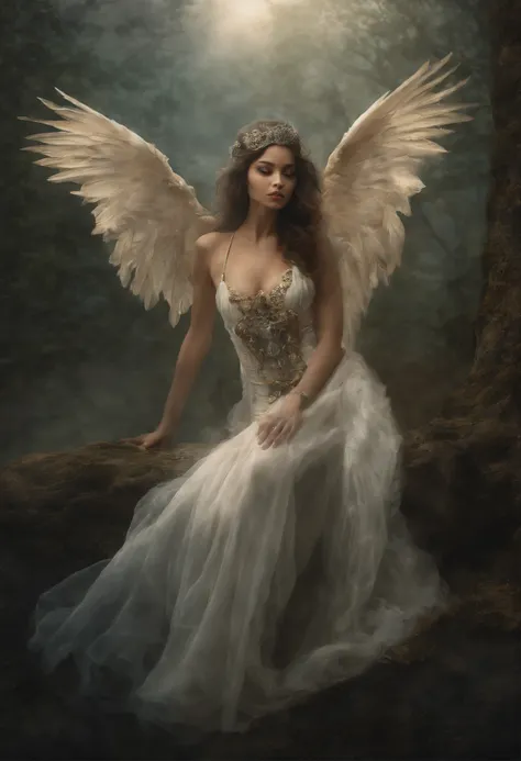 A beautiful woman with wings . standing on a tree . looking at far sight -  SeaArt AI