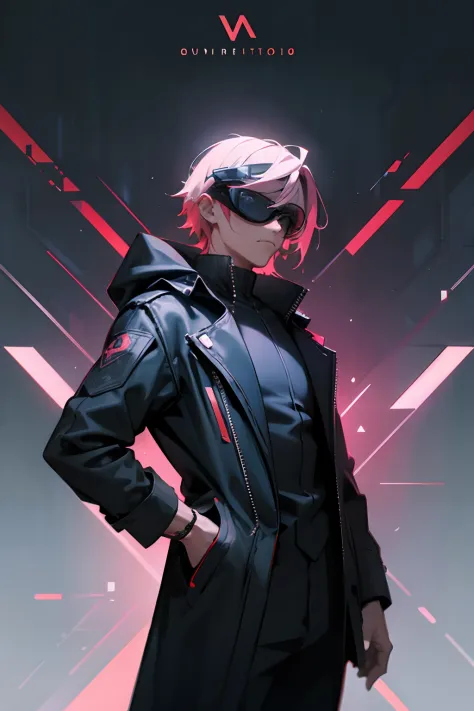 A man in a black jacket and glasses stands in front of a futuristic city, jogo VR, vibe cyberpunk, fundo de anime, quarto de jog...