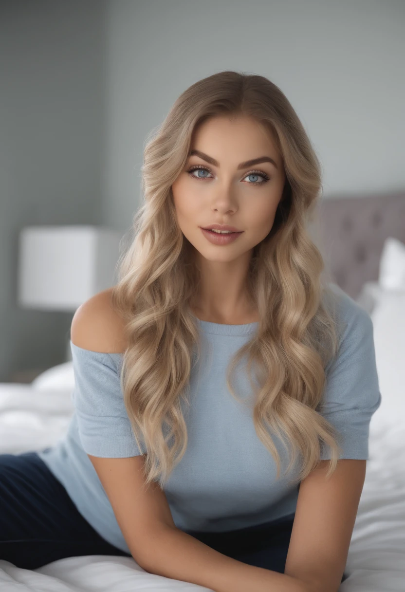 arafed woman fully , sexy girl with blue eyes, ultra realistic, meticulously detailed, portrait sophie mudd, blonde hair and large eyes, selfie of a young woman, bedroom eyes, violet myers, without makeup, natural makeup, looking directly at the camera, face with artgram, subtle makeup, stunning full body shot kneeling on bed, in bedroom, medium to large size bust, wearing