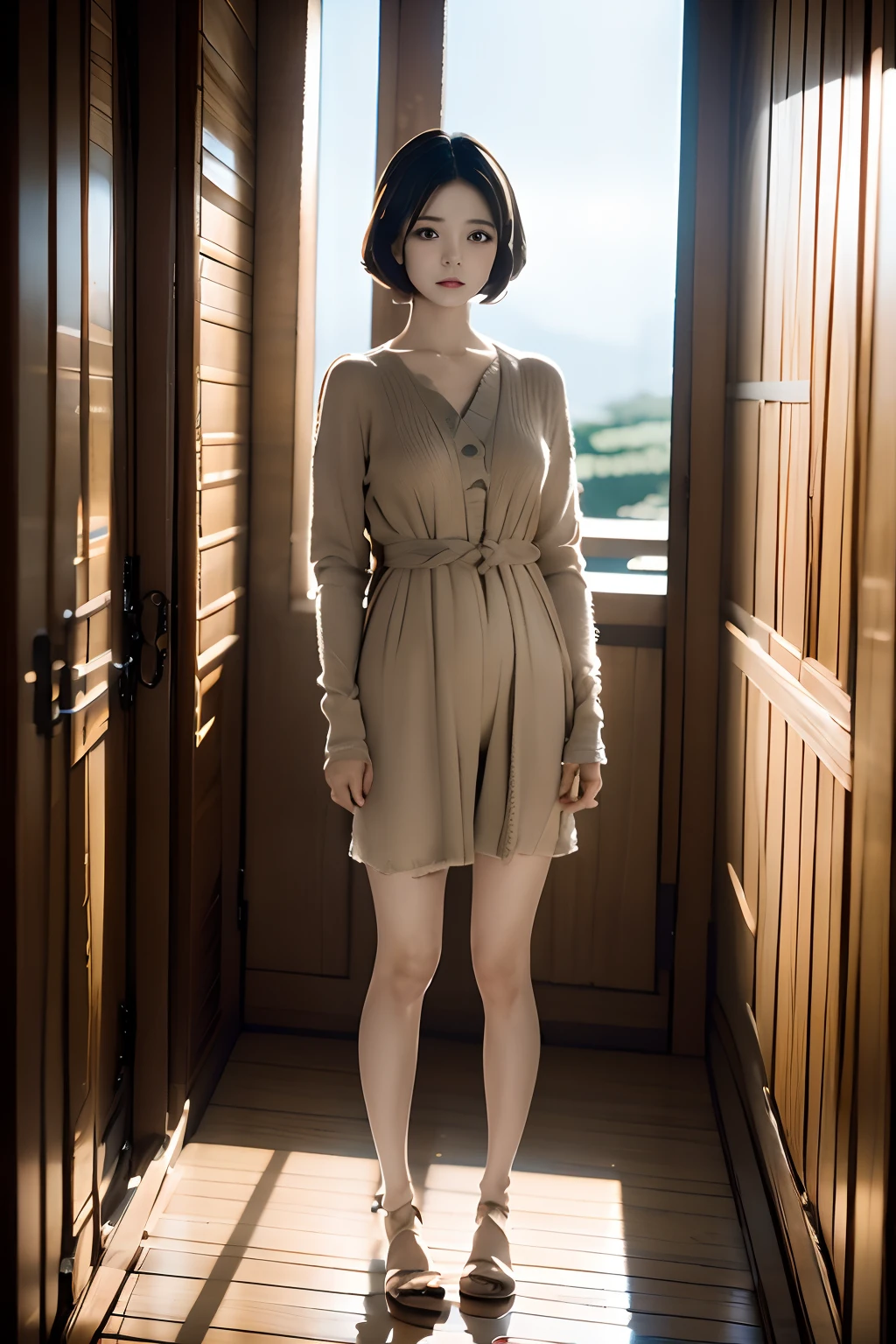 {{masutepiece, Best Quality, extremely details CG, Unity 8k壁纸, Cinematic lighting, }}, Sony α7, wide frame, 1 girl, Full body, 16yo girl、Soio, a short bob , long eyelashes ,