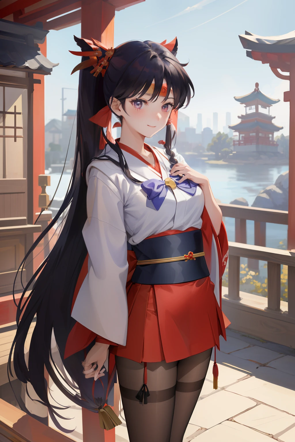 ​masterpiece, top-quality, absurderes, perfect anatomia, 1girl in, 独奏, Sailor Mars, Very long hair, partedbangs, poneyTail、((shrine maiden clothe))、((kimono))、((a miniskirt)) cowboy  shot, A smile、((pantyhose))、(high-heels)、