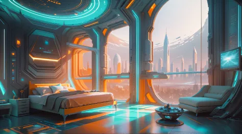 a gorgeous sci - fi bedroom matte painting by john harris, sparth and greg rutkowski. sharp edges, tiffany blue, grey orange, white and golden. sci - fi bedroom in a space base, outside the windows a future city skyline, light effect. ultra clear detailed,...