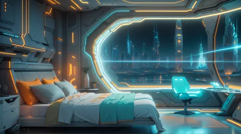 a gorgeous sci - fi bedroom matte painting by john harris, sparth and greg rutkowski. sharp edges, tiffany blue, grey orange, white and golden. sci - fi bedroom in a space base, outside the windows a future city skyline, light effect. ultra clear detailed,...