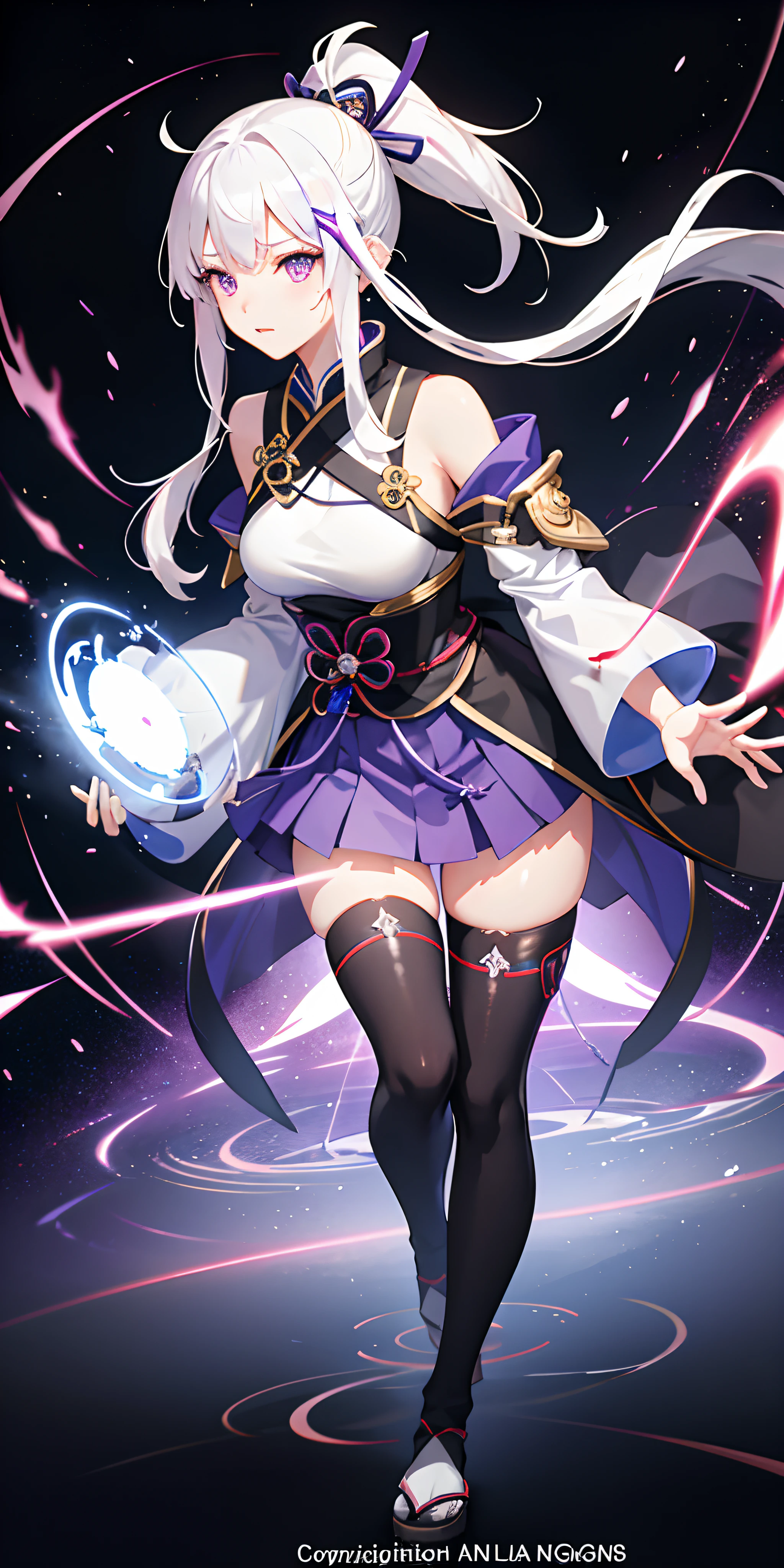 1girl, japanese clothes, ponytail ,white hair, purple eyes, magic circle, blue fire, blue flames, wallpaper, landscape, blood, blood splatter, depth of field, night, light particles, light rays, sidelighting, thighs, fate \(series\), genshin impact, ****, open jacket, skirt, thighhighs, cloud