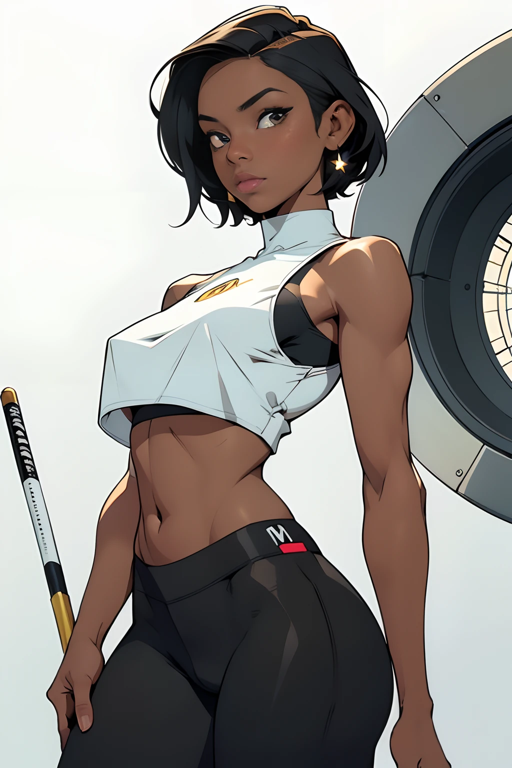 nsfw, Estilo Sketchbook, handdrawn, escuro, corajoso, arte realista, mistura de linhas escuras e linhas soltas, linhas em negrito, no fundo branco, ficha de personagem, uma mulher negra piloto espacial linda, corpo esguio, crop top sci-fi, short hair, pose natural, corpo inteiro, ((em fundo branco)), tema sombrio, Golden ratio of perfect composition, obra-prima, melhor qualidade, 4k, foco nítido. better hand, anatomia perfeita. por Com Design em Mente