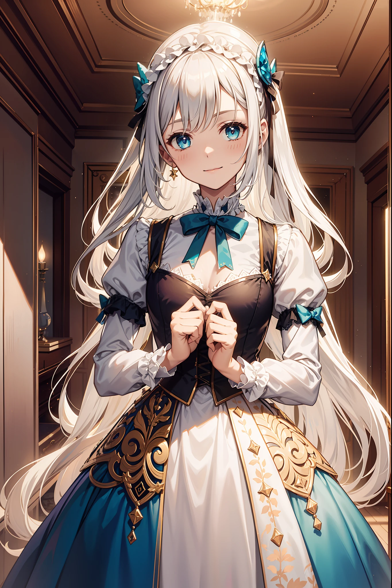 saints，Enchanted，having fun，Being in love，(White Victorian dress)，silber hair，eBlue eyes，Seductive pose,Aqua blue stripes，Ruffles，Lace，A small amount of ribbon，jewel embellishment，Floral decoration，Fabric headdress，Bow knot，exquisite costumes，A small amount of transparent clothing，inside in room，solo person