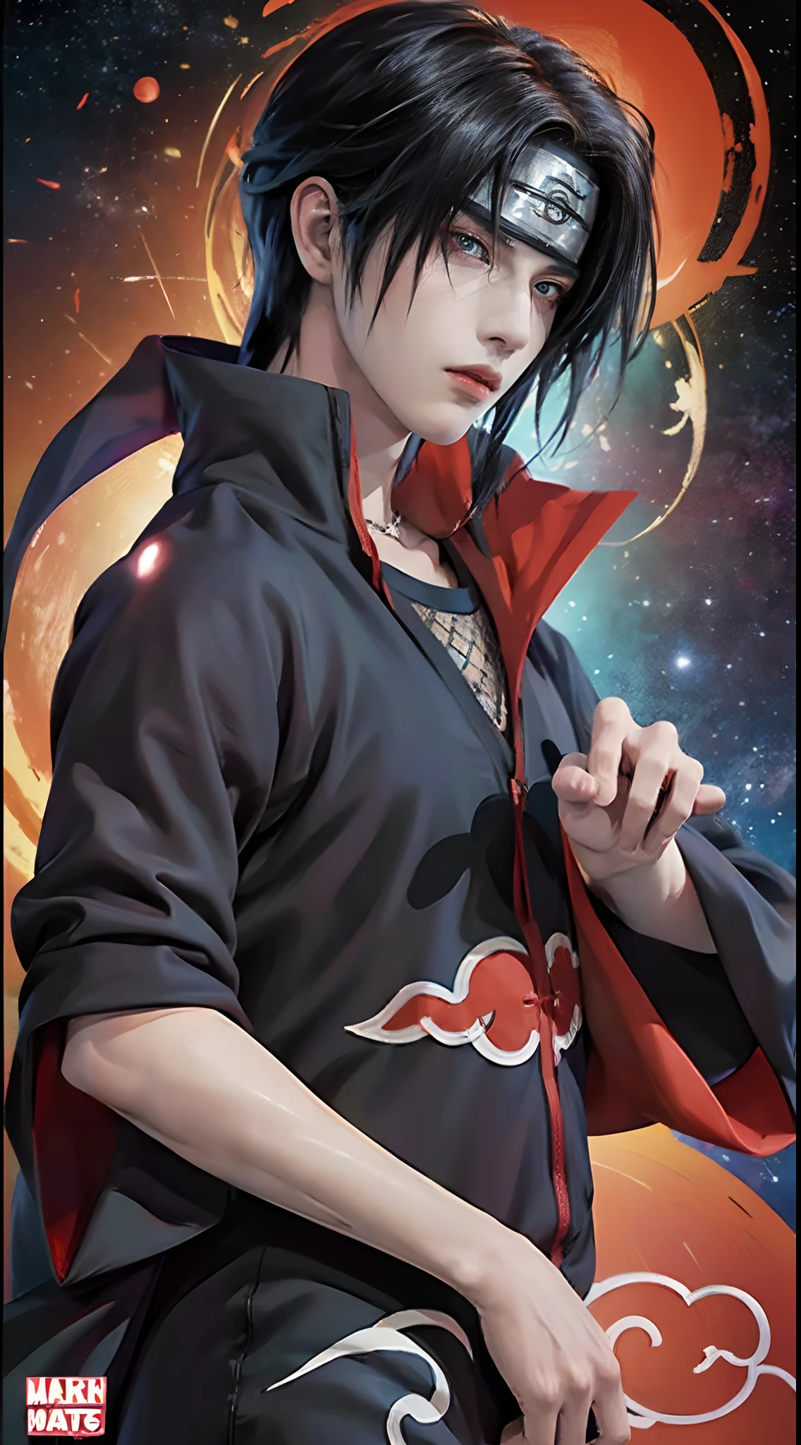 ((4K works))、​masterpiece、（top-quality)、((high-level image quality))、((One Manly Boy))、Slim body、((Date Cosplay))、((Uchiha Itachi))、((Cosplay))、(Detailed beautiful eyes)、((Smaller face))、((Neutral face))、((18year old))、((Handsome man))、((photo of a model))、((Like a celebrity))、Professional Photos、((cosplay foto))、((Shot alone))、((shot from a side angle))、((Naruto's Akatsuki Costume))、((Shinobi Pose))