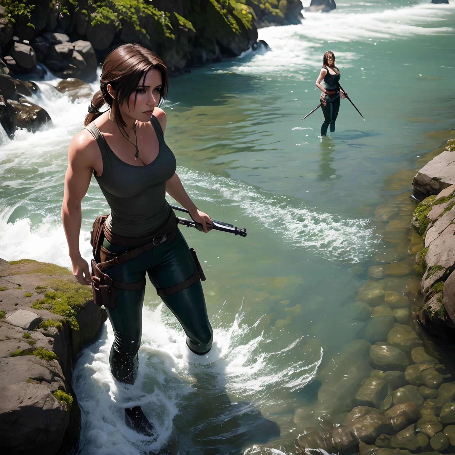 Lara Croft nadando en un río, cuerpo completo