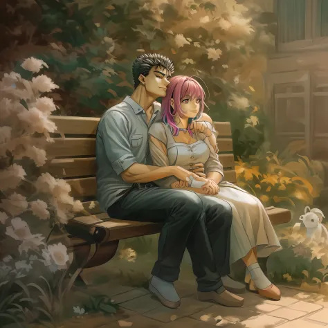 riamu and guts, a passionate couple deeply in love, are sitting together on a cozy bench in a beautiful garden. As they embrace ...