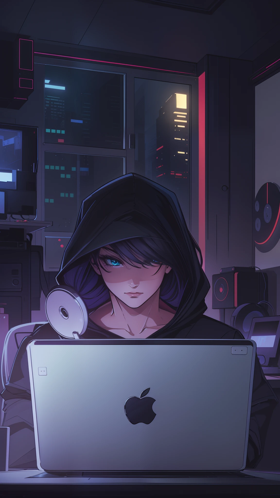 Anime guy in hoodie sitting at a laptop with a mouse - SeaArt AI