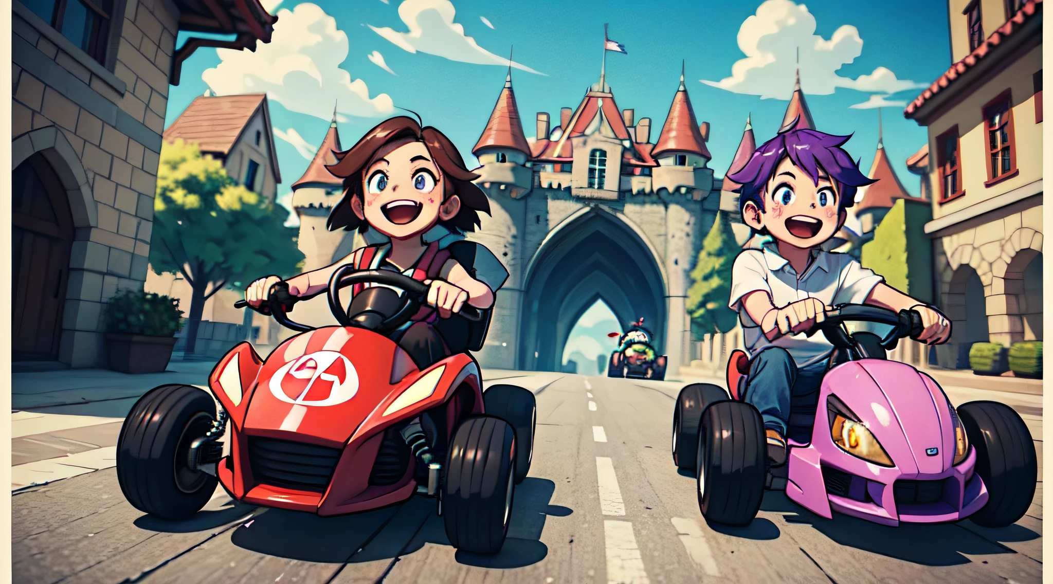 Boy with purple hair and girl with brown hair、great laughter、Racing on a kart machine、Fun atmosphere、high-level image quality、Castle Circuit、Deformed、Nintendo
