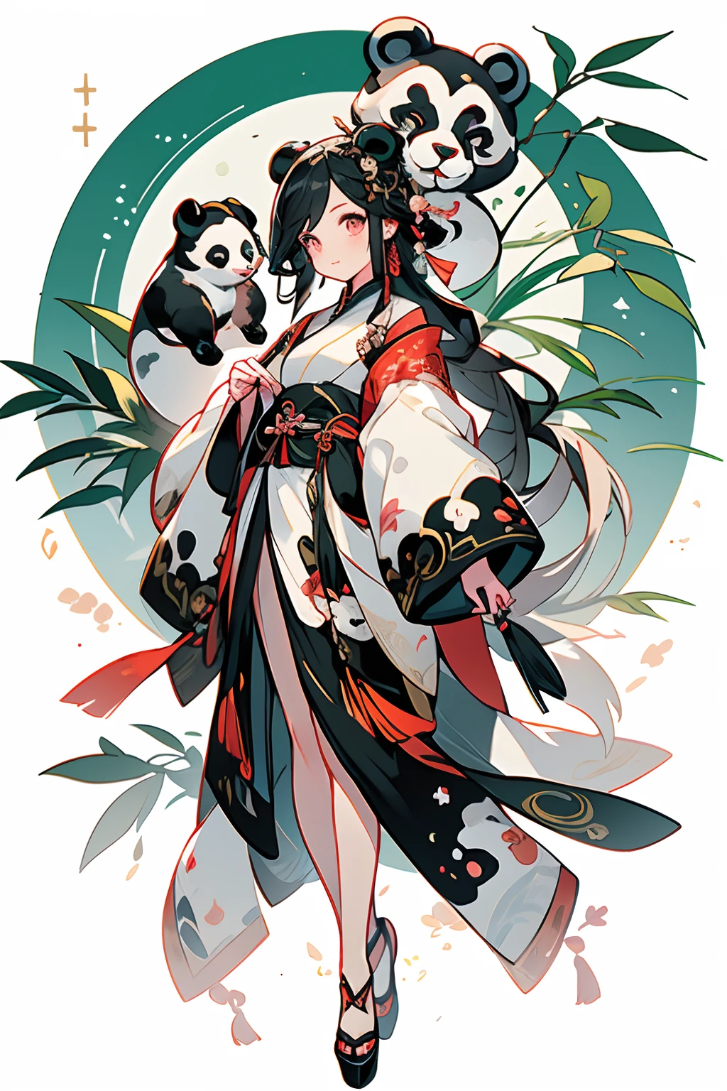 white backgrounid，Under bamboo leaves, (The panda sits on a branch)，pandas，（1Blittle girl：1.5，The upper part of the body，looking at viewert），Pink and white clothes，facial closeups，big beatiful eyes，detailed face with，Flashy clothes，Ethereal panda，(Chinese Panda)，Dreamy，Onmyoji detailed art，A beautiful artwork illustration，mythological creatures，pandas，Beautiful digital artwork，shoes，Footwear, China_dress,
