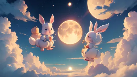 the huge moon，Round again，Hang in the sky，There is a magnificent palace in the clouds，splendid，Around the clouds，Many little bunnies，A big rabbit，Holding mooncakes，Jump high，fantasy，k hd，4K，