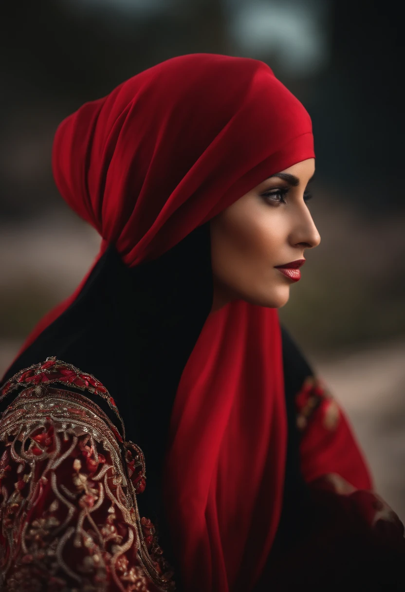 A woman wearing a red hijab and a black dress - SeaArt AI