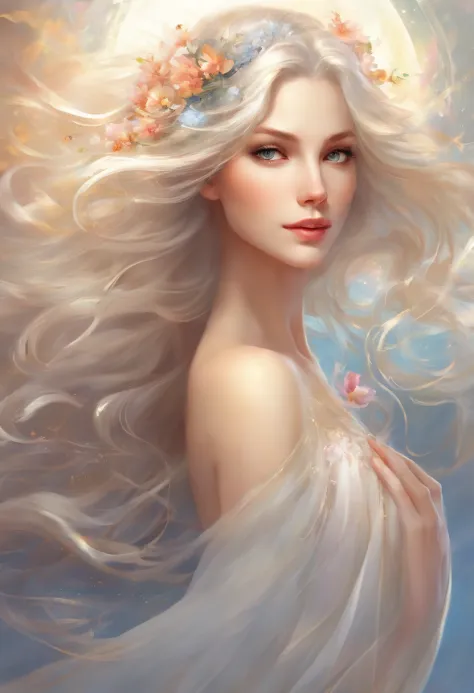 (best quality,highres), long flowing white hair, detailed strands of hair, ethereal and mesmerizing, fairy-like, soft and silky texture, glowing strands, cascading down the back, shining under sunlight, beautifully styled, wisps of hair floating in the air...