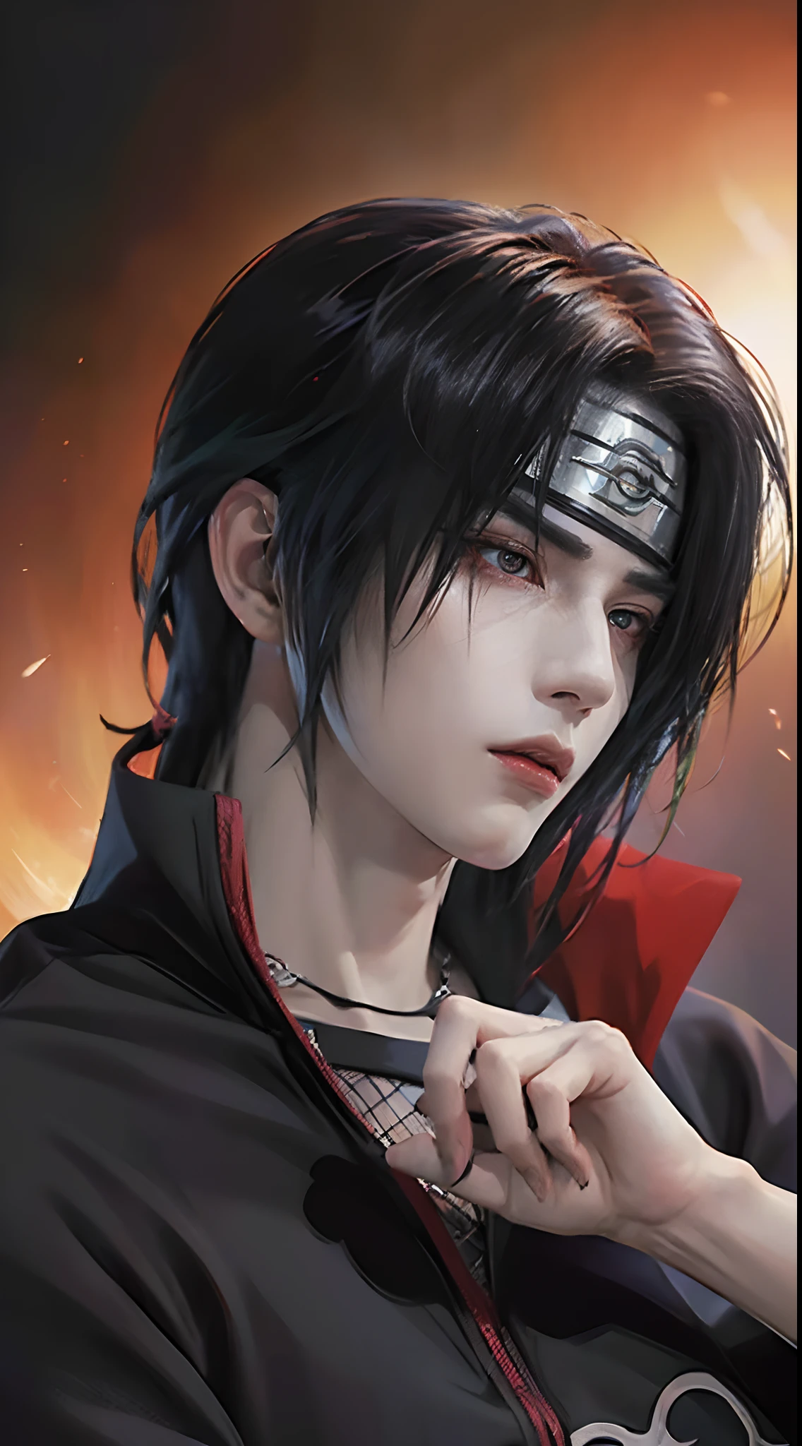 ((4K works))、​masterpiece、（top-quality)、((high-level image quality))、((One Manly Boy))、Slim body、((Date Cosplay))、((Uchiha Itachi))、((Cosplay))、(Detailed beautiful eyes)、((Smaller face))、((Neutral face))、((Red eyes))、((18year old))、((Handsome man))、((photo of a model))、((Like a celebrity))、Professional Photos、((cosplay foto))、((Shot alone))、((shot from a side angle))、((Naruto's Akatsuki Costume))、((Shinobi Pose))