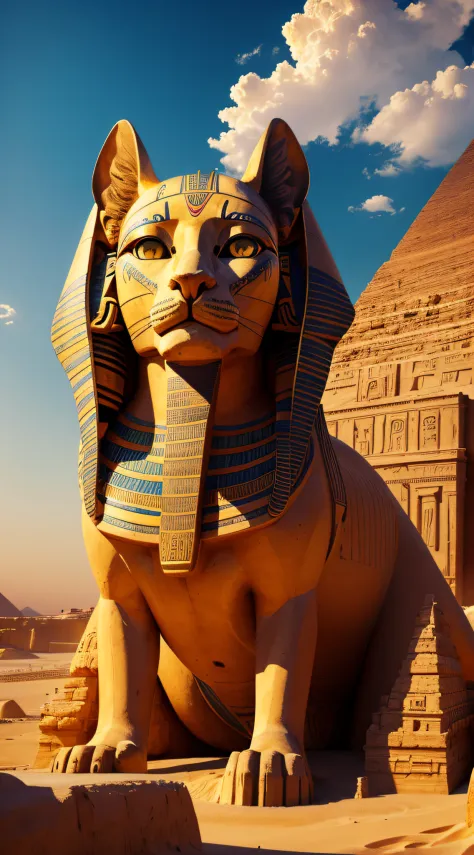 (best quality,4k,highres,masterpiece:1.2), ancient, detailed Sphinx,giant, impressive sculpture, majestic eyes and nose, fascinating,powerful tail, mysterious, sandy environment,pyramids, construction site, workers, ancient Egyptians, tools,stones,cranes,h...