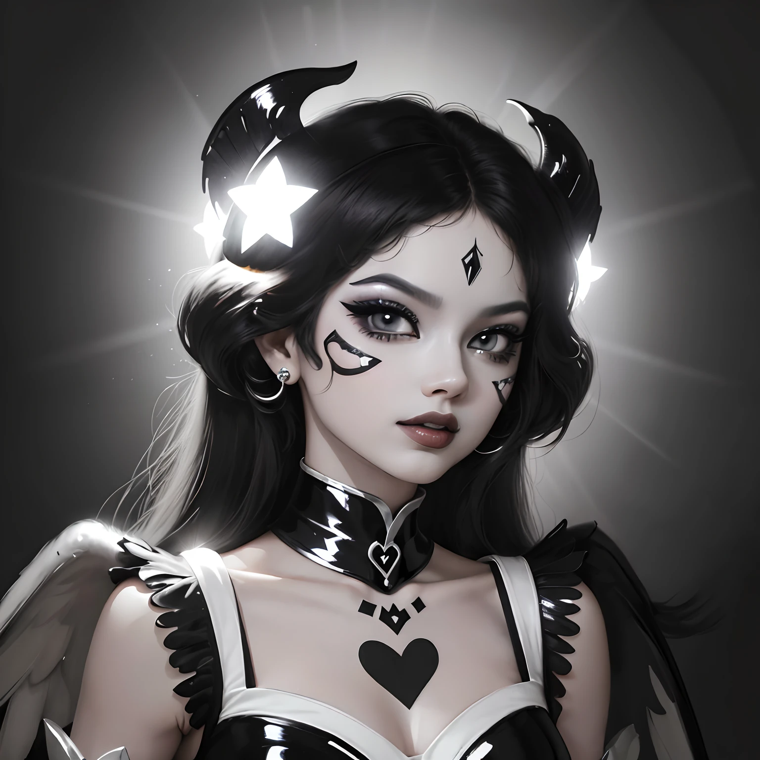((2.0 Ultra-Detailed)), (8K, Face Close-Up, ((2.0 Masterpiece)), Shiny Skin, Black And White Lighting), 1Girl, ((1.2 Cartoon Black White Angel Costume Look)), Fabric Background, Cartoon Face And Make-Up, Cartoon Accessories, Shiny Cartoon Eyes, Cartoon Dark Hairstyle, (Pinterest Trends, DeviantArt Trends), ((1.2 Inspired By Dragula TV-Show, Alice Angel Character))