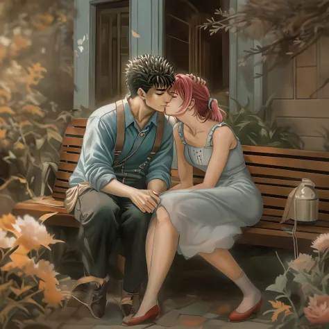 riamu and guts, a passionate couple deeply in love, are sitting together on a cozy bench in a beautiful garden. As they embrace ...