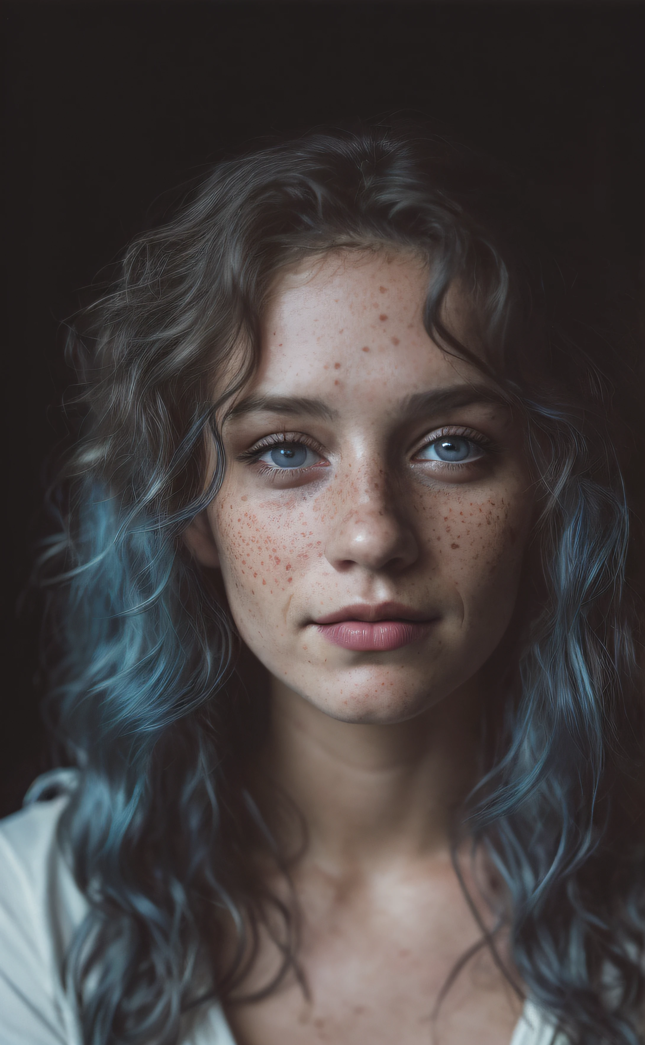 (close-up, editorial photograph of a 30 year old woman), (highly detailed face:1.4) (smile:0.7) (background inside dark, moody, private study:1.3) POV, by lee jeffries, nikon d850, film stock photograph ,4 kodak portra 400 ,camera f1.6 lens ,rich colors, hyper realistic ,lifelike texture, dramatic lighting , cinestill 800, wavy hair, messy hair, curls, mocking smirk, blue hair, freckles, blue eyes, white skin, 80s style, european expressions, european woman, european skin