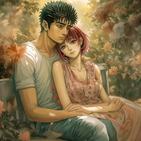 riamu and guts, a passionate couple deeply in love, are sitting together on a cozy bench in a beautiful garden. As they embrace ...