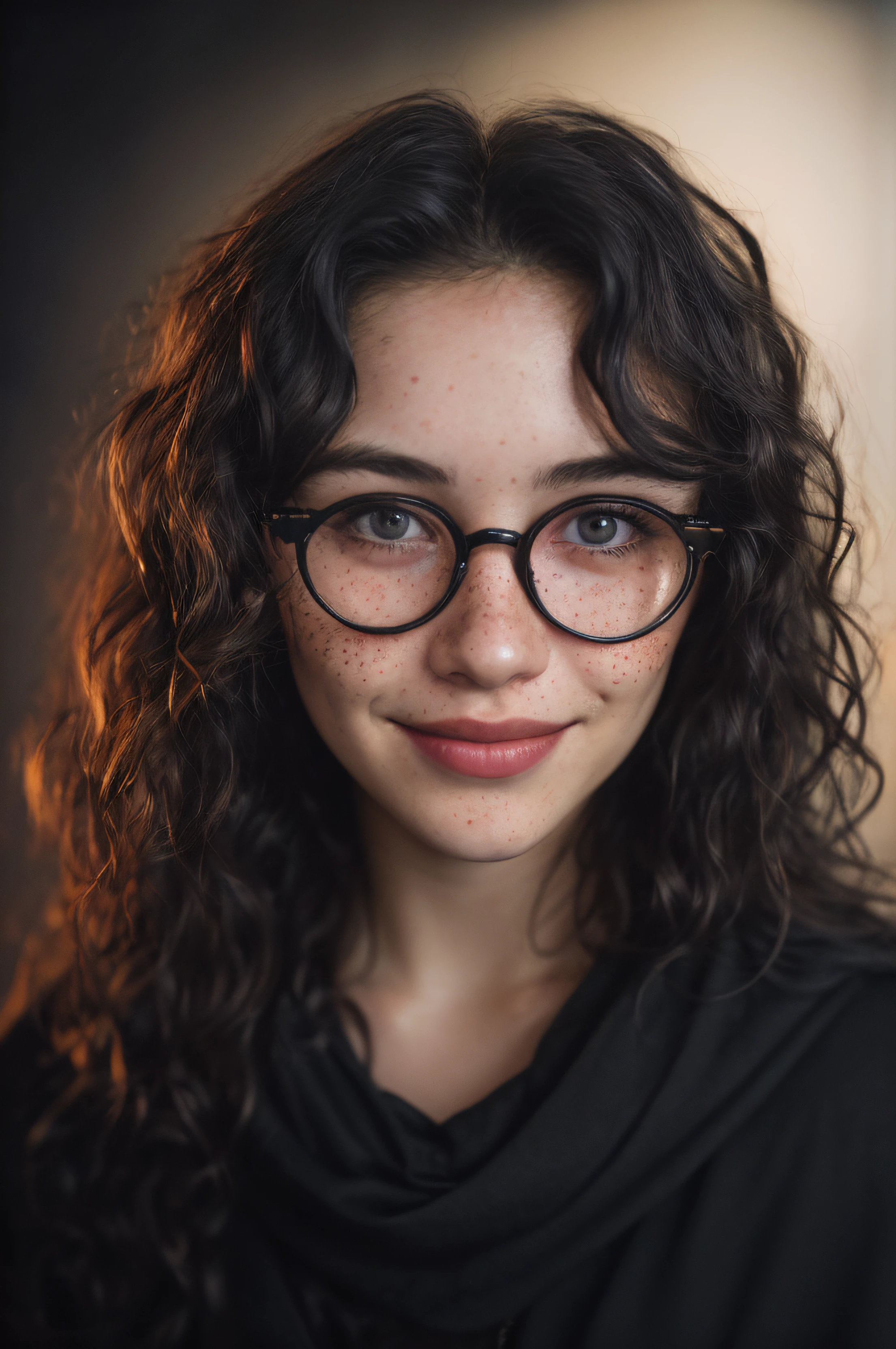 (close-up, editorial photograph of a 21 year old woman), (highly detailed face:1.4) (smile:0.7) (background inside dark, moody, private study:1.3) POV, by lee jeffries, nikon d850, film stock photograph ,4 kodak portra 400 ,camera f1.6 lens ,rich colors, hyper realistic ,lifelike texture, dramatic lighting , cinestill 800, wavy hair, messy hair, curls, smirk, malicious smile, freckles, black hair, long hair, black eyes, white skin, made from the night sky, cloak made of night sky, dark round glasses