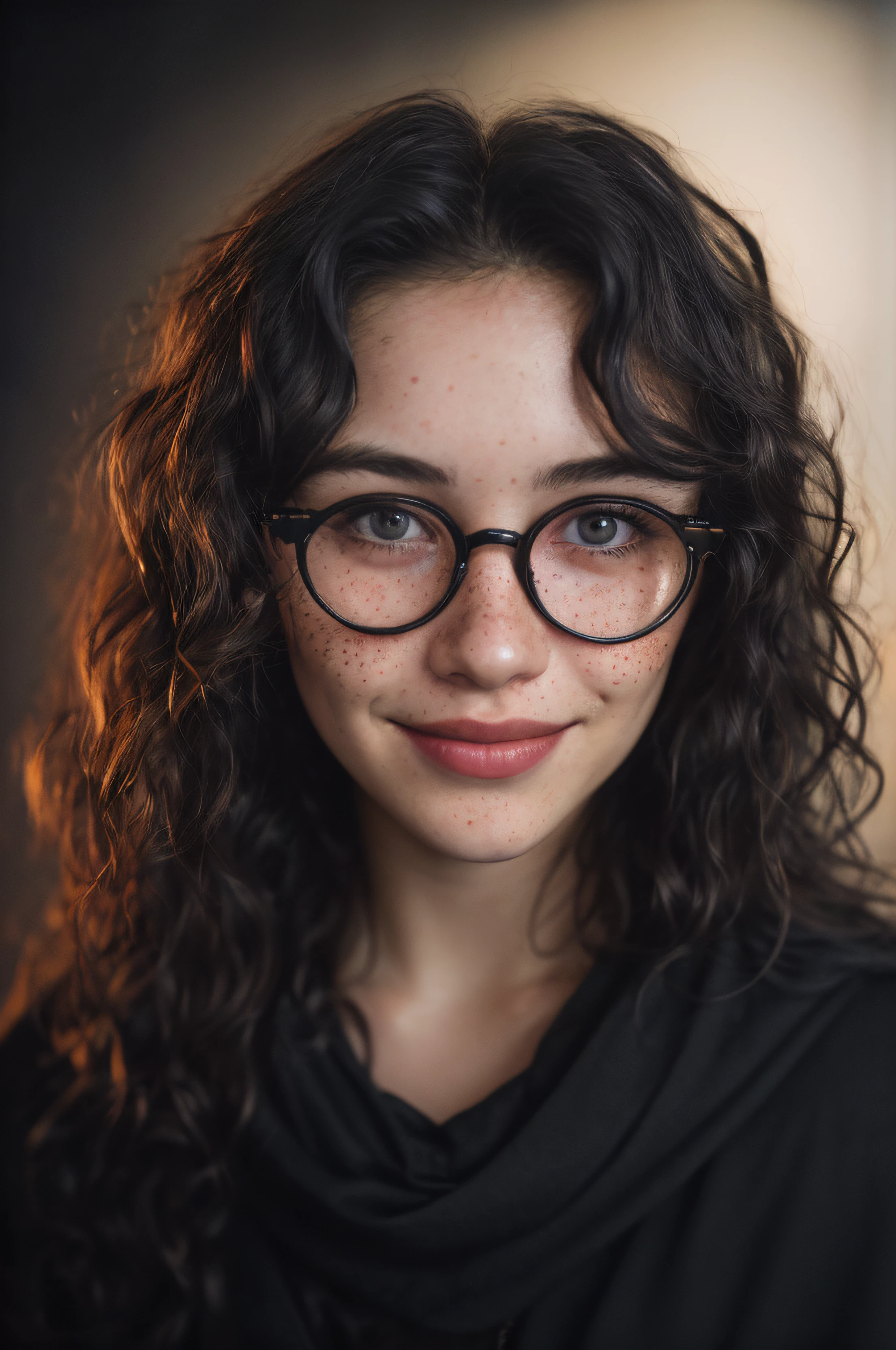 (De cerca, fotografía editorial de dos mujeres), (Cara muy detallada:1.4) (sonrisa:0.7) (fondo dentro oscuro, malhumorado, estudio privado:1.3) tirar, por Lee Jeffries, Nikon D850, fotografía de archivo de película ,4 Kodak Portra 400 ,cámara f1.6 lentes ,Colores ricos, Híper realista ,textura realista, iluminación dramática , cinestill 800, pelo ondulado, Pelo despeinado, chinos, sonrisa afectada, malicious sonrisa, pecas, pelo negro, pelo largo, ojos negros, piel blanca, hecho del cielo nocturno, capa hecha de cielo nocturno, Gafas redondas oscuras