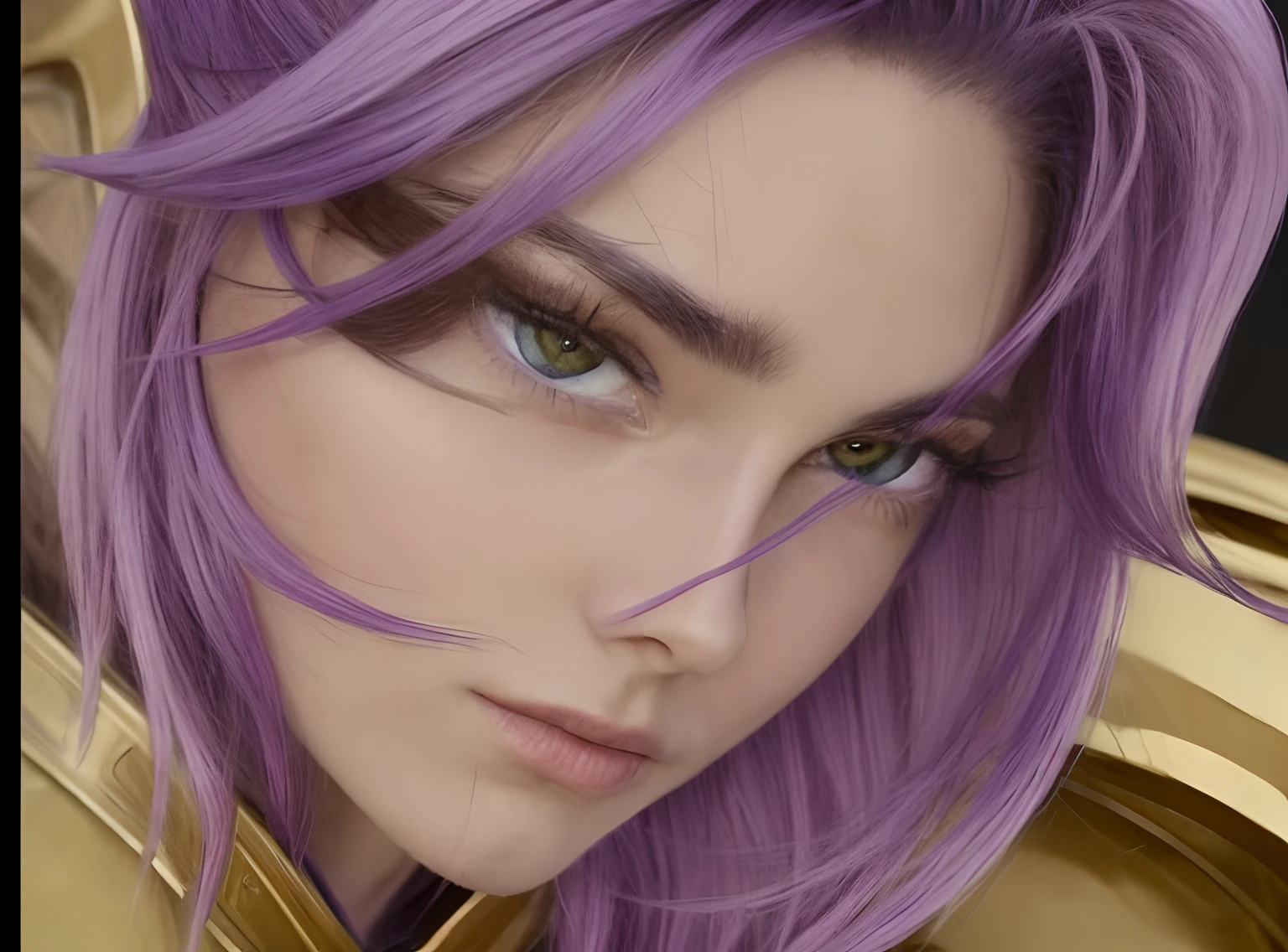 (masterpiece), (best quality), of a (young man), closeup portrait, man, 1boy, 30 years old, green eyes, open eyes, big eyes, detailed face, impotent, altive, ((masculine face)), (no eyebrows), ((male traces)), ((man features)), strong face, wearing golden armor, detailed armor, purple hair, long hair, straight hair, hair blowing in the wind, noble, radiant, white skin, dramatic lighting, 4k, hdr, detailed skin, bands, (eyebrow less) (((no eyebrows))).