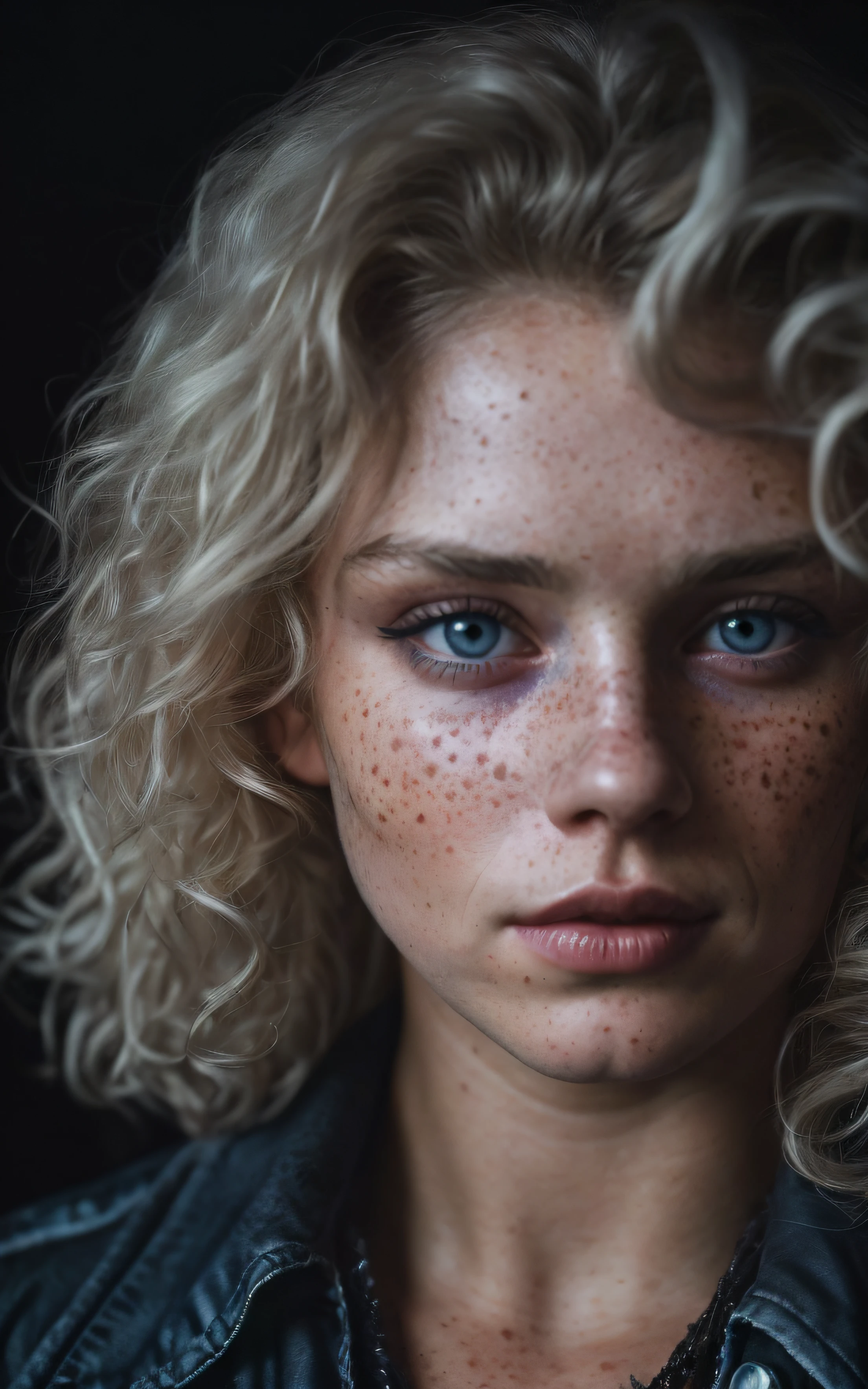 (close-up, editorial photograph of a 30 year old woman), (highly detailed face:1.4) (smile:0.7) (background inside dark, moody, private study:1.3) POV, by lee jeffries, nikon d850, film stock photograph , cowboy shot, 4 kodak portra 400 ,camera f1.6 lens ,rich colors , albino, hyper realistic ,lifelike texture, dramatic lighting , cinestill 800, wavy hair, messy hair, curls, serious, blue hair, freckles, blue eyes, white skin, cleavage, sexy, androgynous, griffith, black jacket