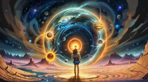 person, standing in front of a space portal overlooking the sun, Cyril Rolando and Goro Fujita, A portal to another universe, in...