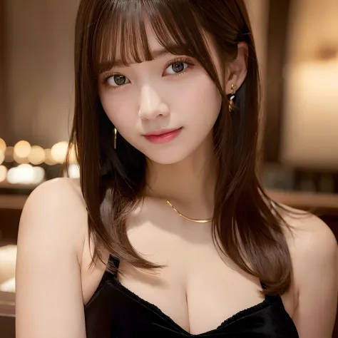 Best Quality, masutepiece, 超A high resolution, Photorealistic, 
1girl in, Blunt bangs, Dark eyes, Colossal tits, Medium Hair, Blonde hair, straight haired, makeup, Hostess (in a hostess bar), 
Looking at Viewer, (Smile:1.1), 
earrings, Necklace, Bracelets,...