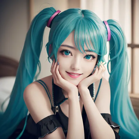 (One lady)、(masterpiece)、(best qualtiy)、(ultra - detailed)、(a high chroma), vocaloid、((miku hatsune))、(Fine and beautiful eyes)、...