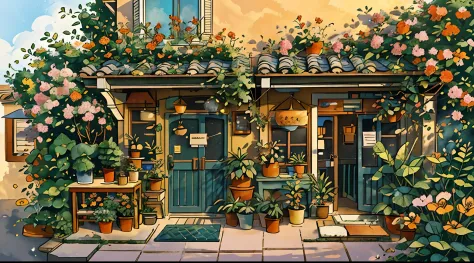 JZCG021,Flower shop,Coffee spots,gauges,a chair,No one,janelas,Flowers,a plant,Plants in pots,aquarelle (mediating),Landscapes,doors,air conditioner,picure (mediating),Traditional media,casa,Outdoors,terrazzo,architecture,Masterpiece,Best quality,High qual...