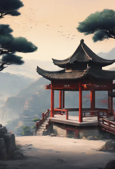An ancient Chinese painting， ancient chinese background， mountain ranges， rios， Auspicious clouds， Pavilions， themoon， tmasterpiece， super detailing， Epic composition， hyper HD， high qulity， extremely detaile， offcial art， 统一 8k 壁纸， super detailing，